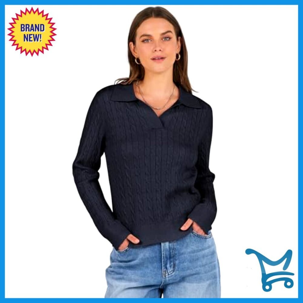 Cable Knit V Neck Pullover Sweater Casual Polo Top Long Sleeve Fall Fashion - Picture 4 of 7